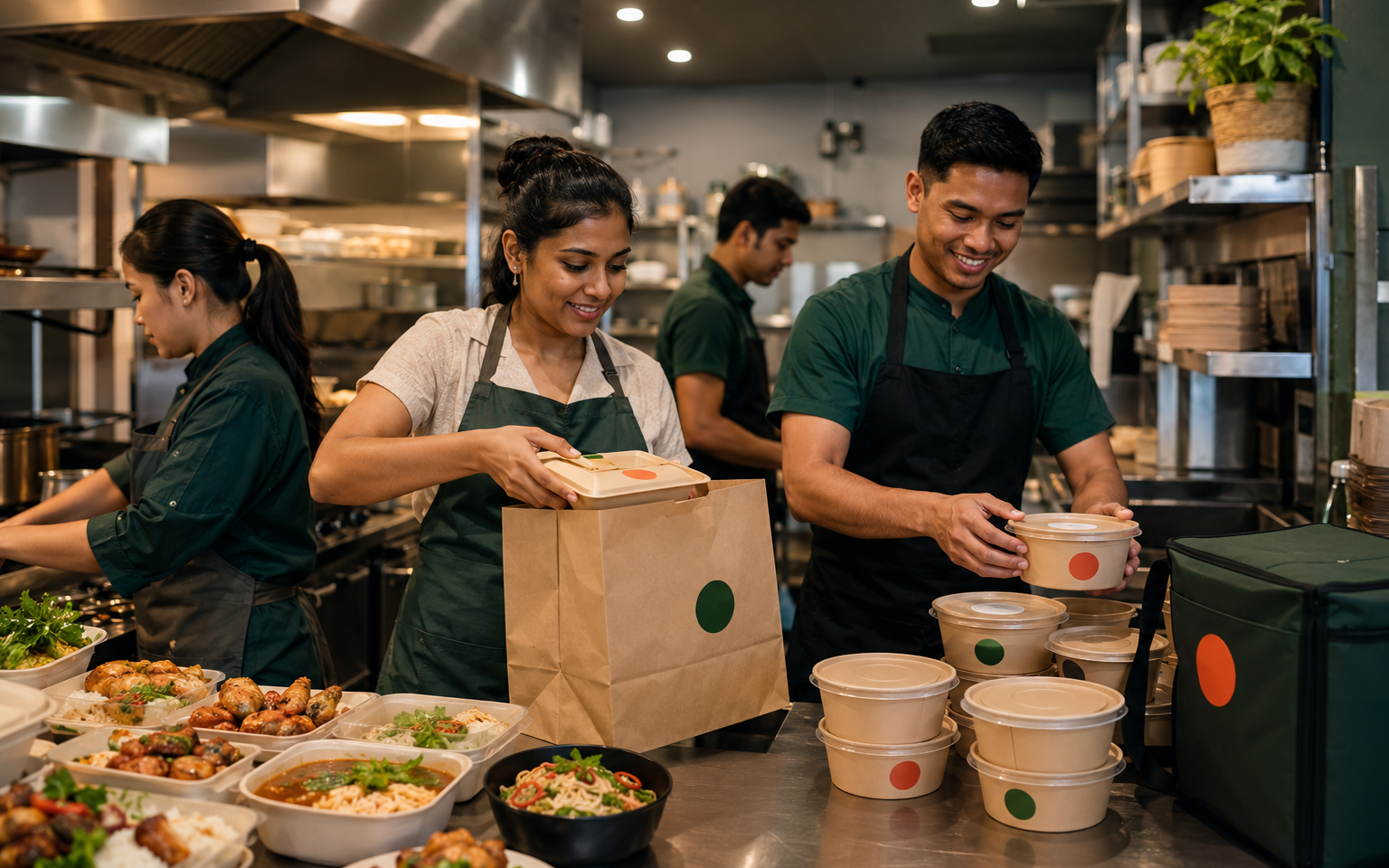 A modern delivery-first kitchen crew coordinating packaged food orders